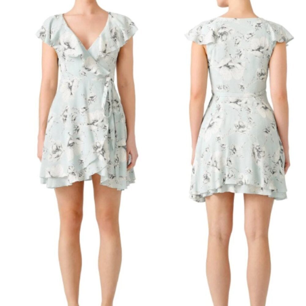 Free People French Quarter Mini Wrap Dress Floral Ruffle Tie Waist Blue Small